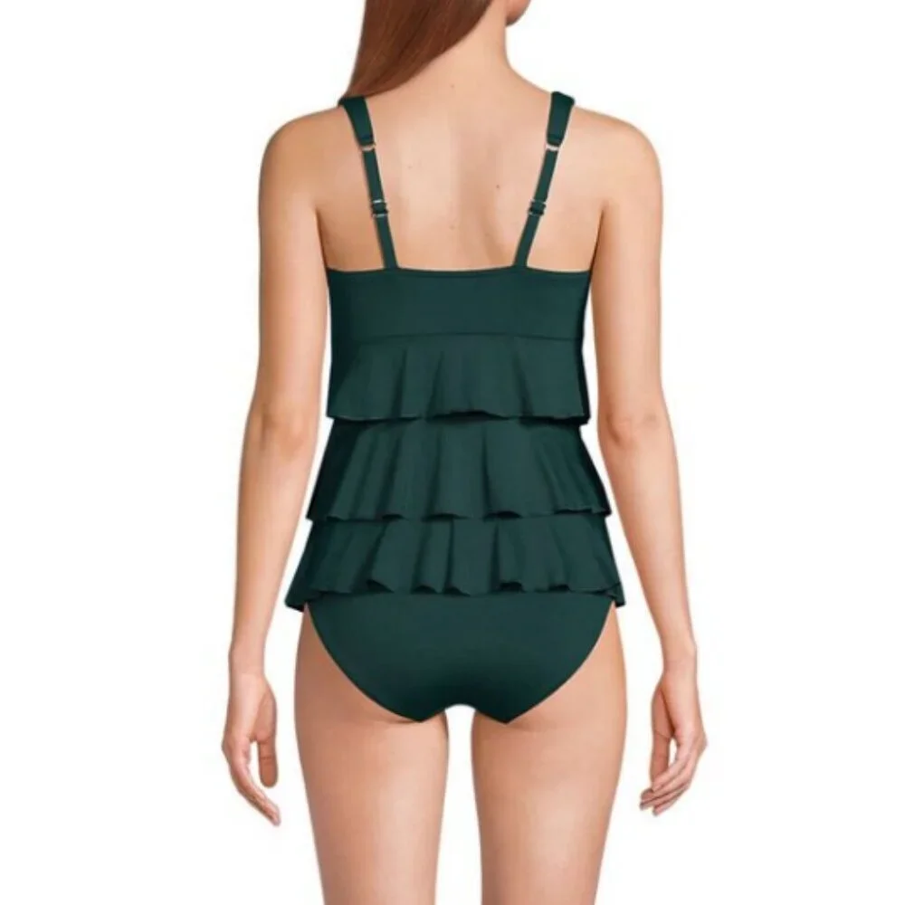 NWOT Lands End Smoothing Ruffle Fauxkini Hunter Green One Piece Swimsuit Size 14